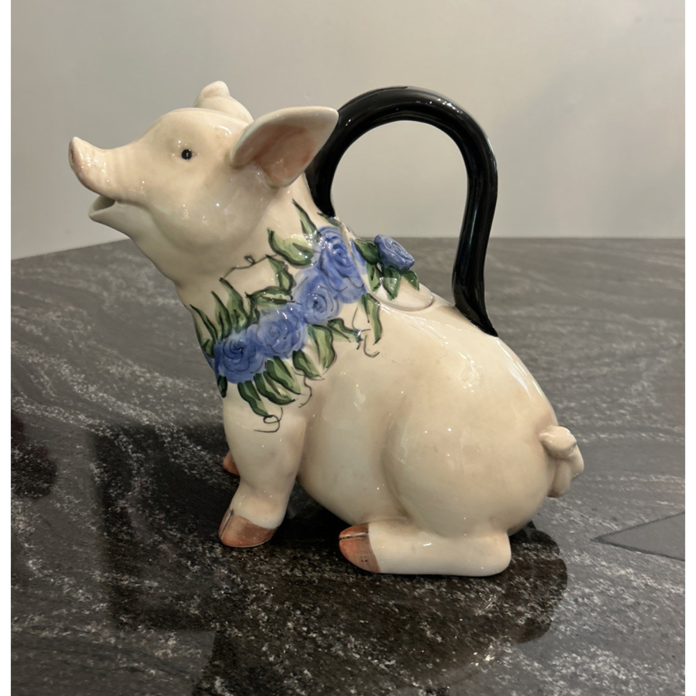 Blue Sky Clayworks Elisabeth Pablo Pig Teapot Ceramic HandPainted RETIRED *FLAW*